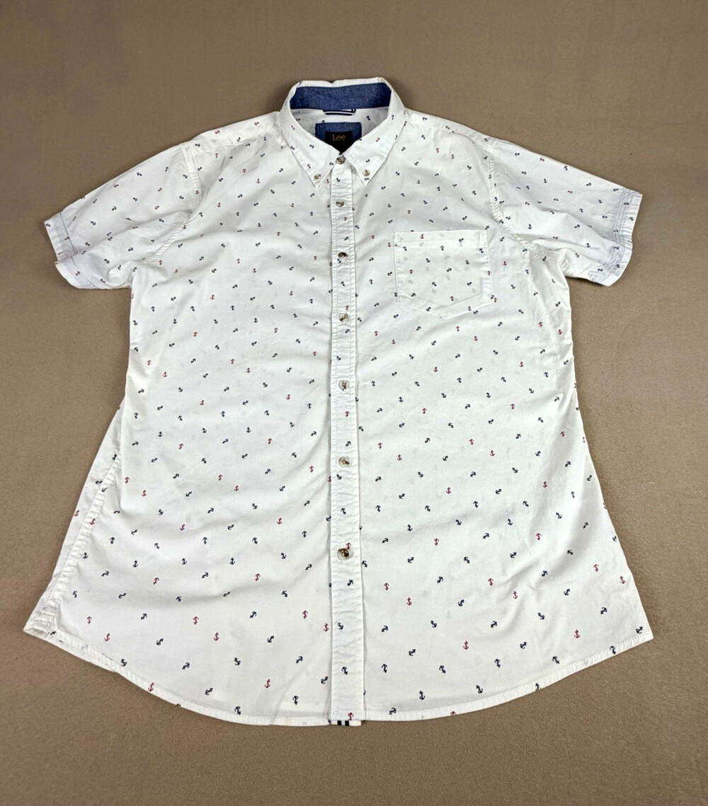 Lee Men's L White Anchor Nautical Short Sleeve Button-Down Woven Shirt